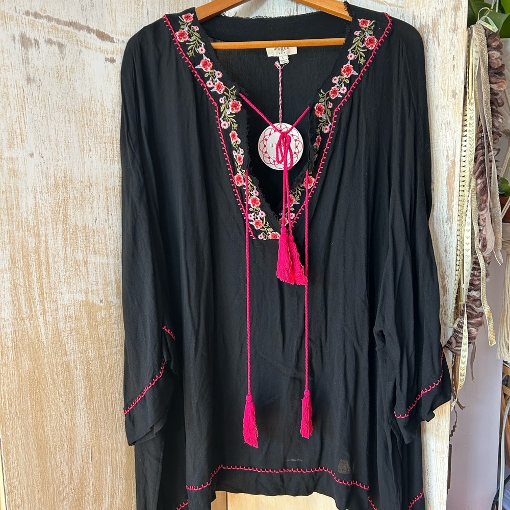Umgee Black Tunic with Pink Embroidery
